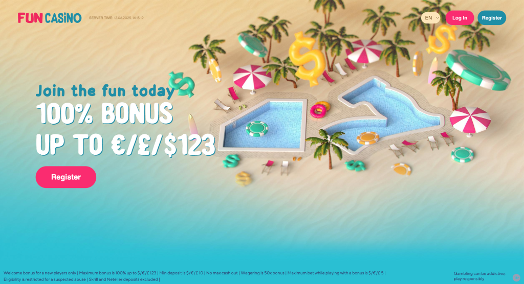 Home page and Welcome offer of Fun Casino