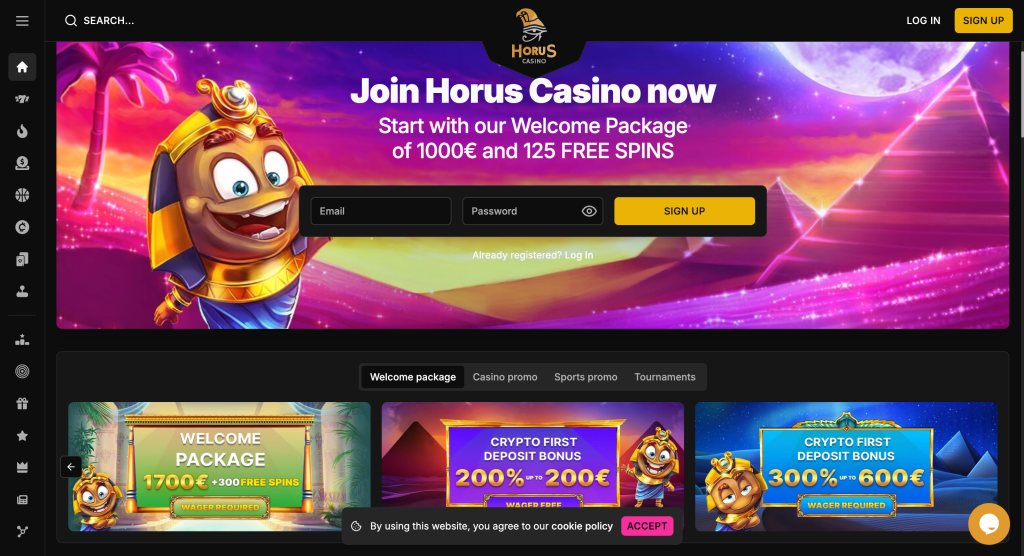 Horus casino Home page and Welcome offer